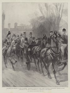 Il principe e la principessa del Galles a Blenheim, partenza del gruppo reale sotto scorta della cavalleria della contea di Oxfordshire comandata dal duca di Marlborough come tenente del reggimento